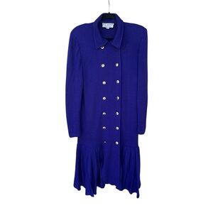 St. John Collection Purple Knit Dress Coat 8 Gold Buttons Pleated Hem Vintage
